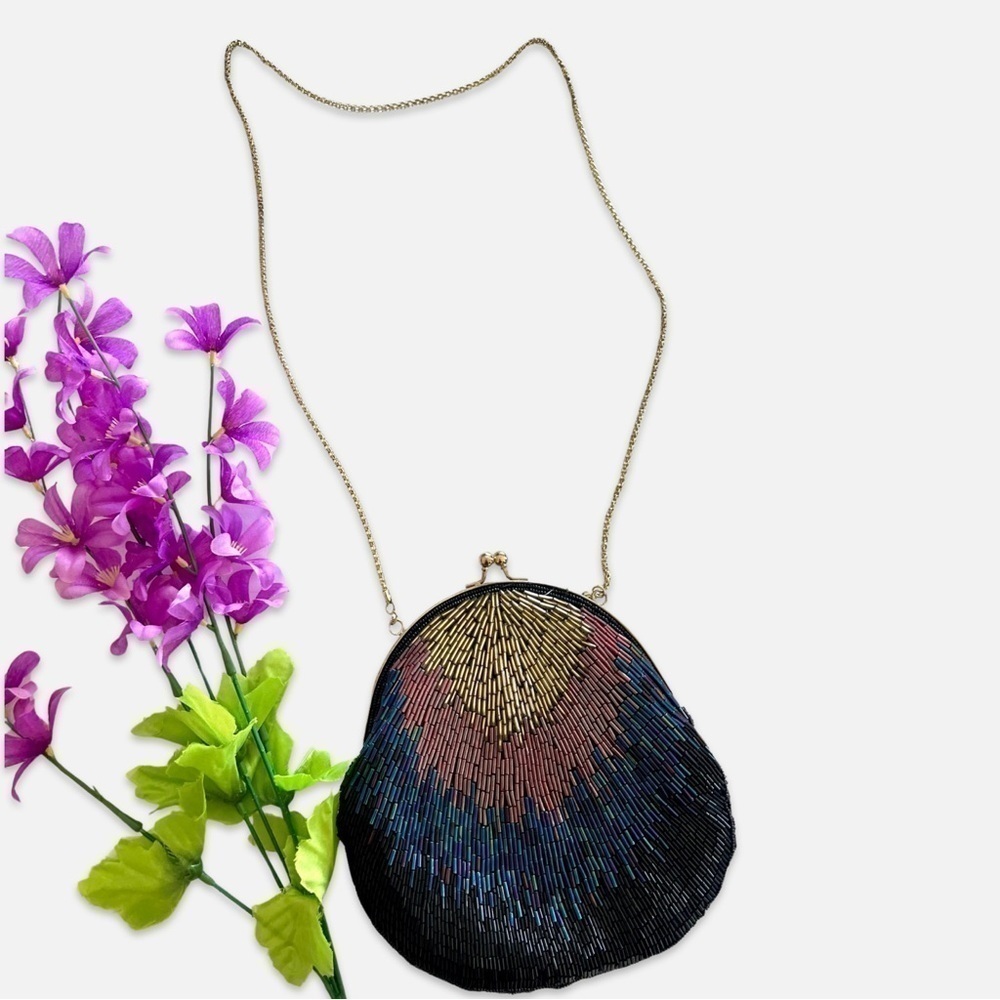 Vintage La Regale Beaded Evening Bag Art Deco Multicolor Kiss Lock Purse Chain